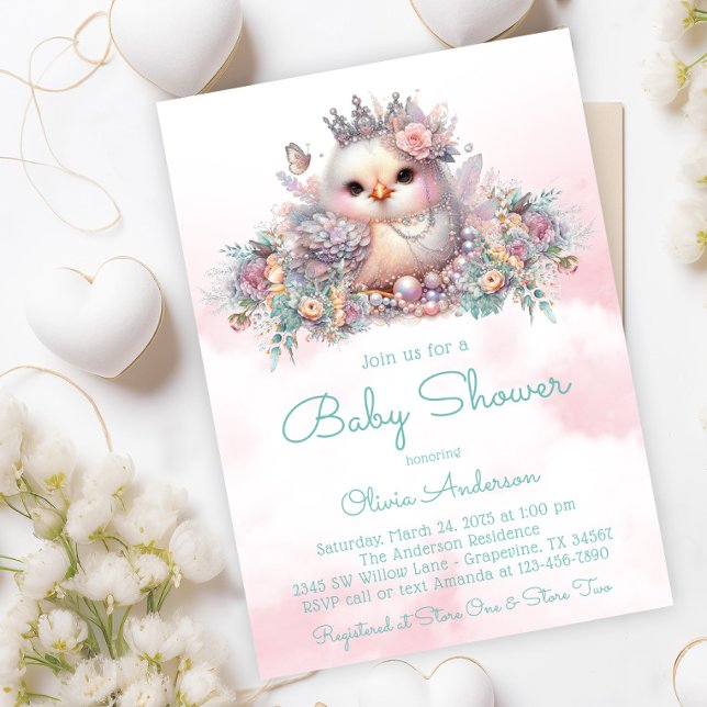 Butterfly Chick Baby Shower Invitation (Adorable chick with pearls, butterfly and crown on a pretty floral background.)