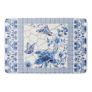 Butterfly Chinoiserie Chic Floral Leaf Blue White Bath Mat