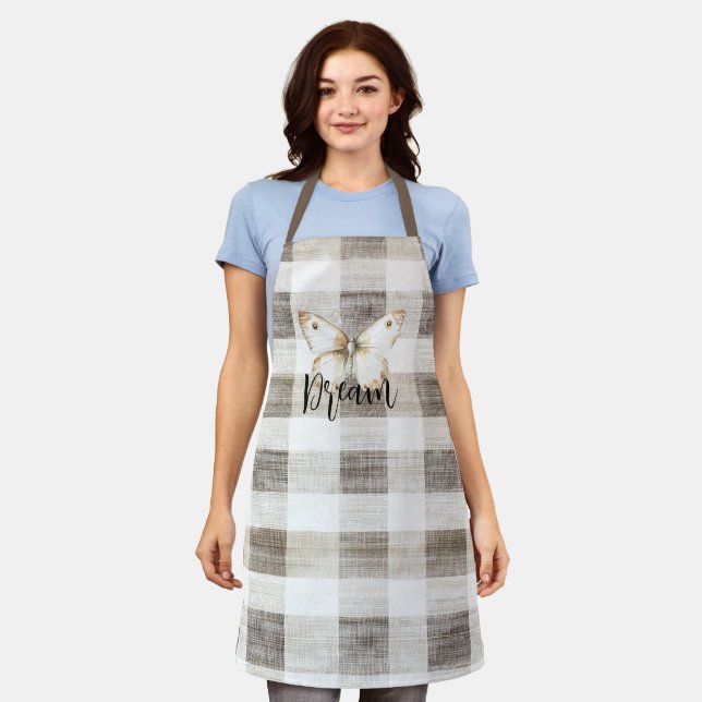 Butterfly Cream Plaid Stripes Apron (Worn)
