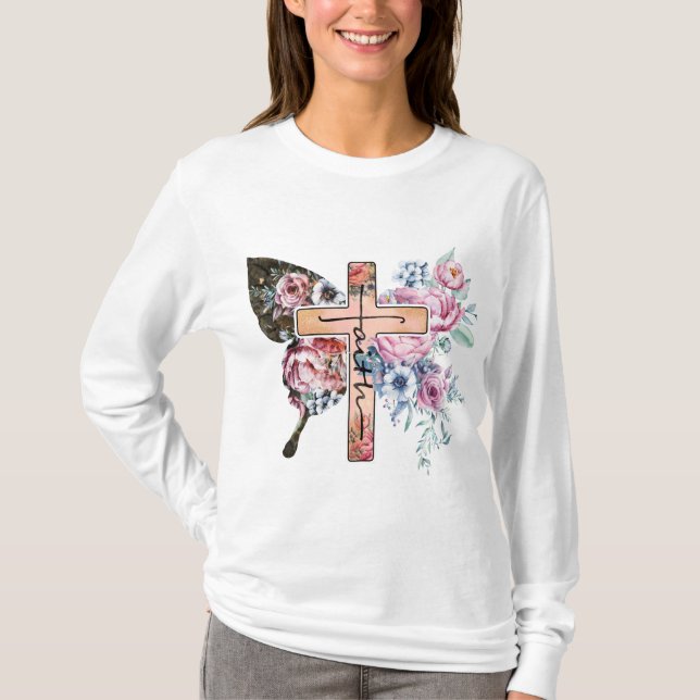 Butterfly Cross Faith floral T-Shirt (Front)