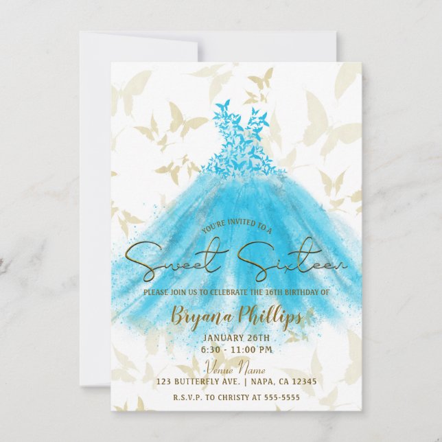 Butterfly Dance Aqua Blue Dress Gold Sweet 16 Invitation (Front)