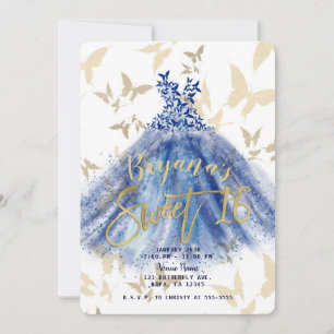 Butterfly Dance Blue Dress Gold Sweet 16   Invitation