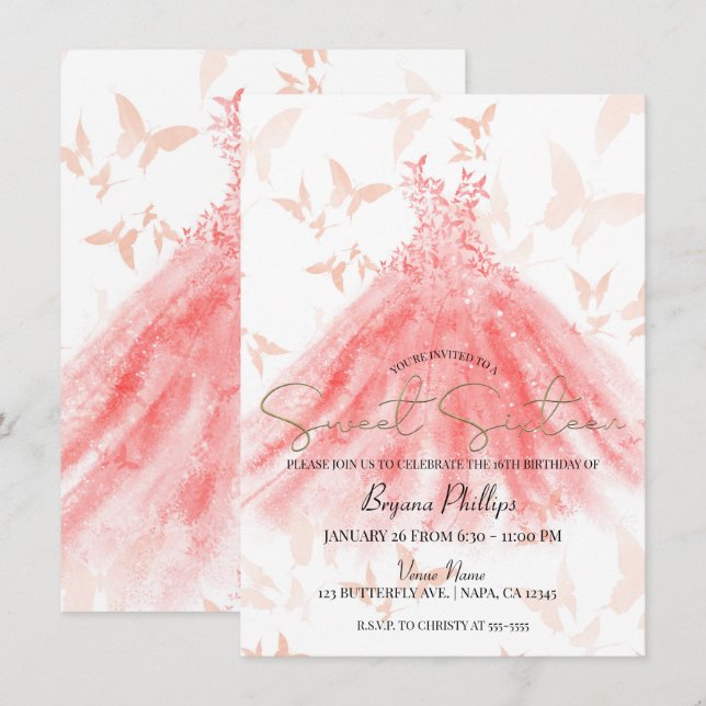 Butterfly Dance Coral Dress Gold Sweet 16 Party Invitation (Front/Back)