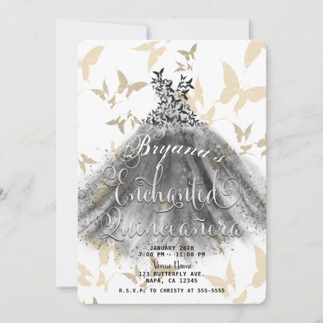 Butterfly Dance Dress Black & Gold 15 Quinceañera Invitation (Front)