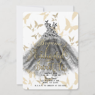 Butterfly Dance Dress Black Gold Sweet 16 16th  Invitation