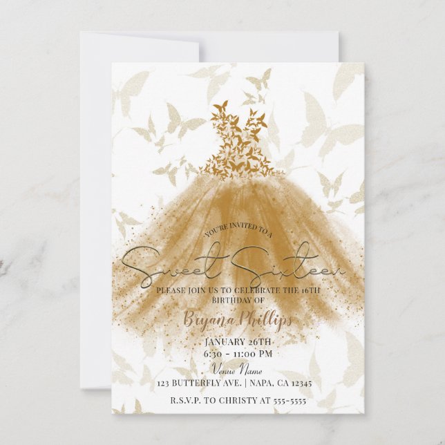 Butterfly Dance Gold Sparkle Dress Sweet 16 Party Invitation (Front)