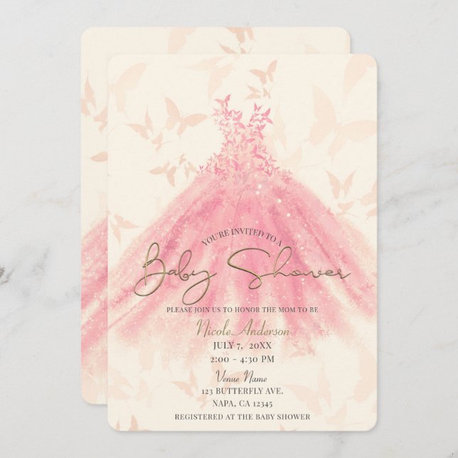 Butterfly Dance Peach Sparkle Dress Baby Shower Invitation (Front/Back)