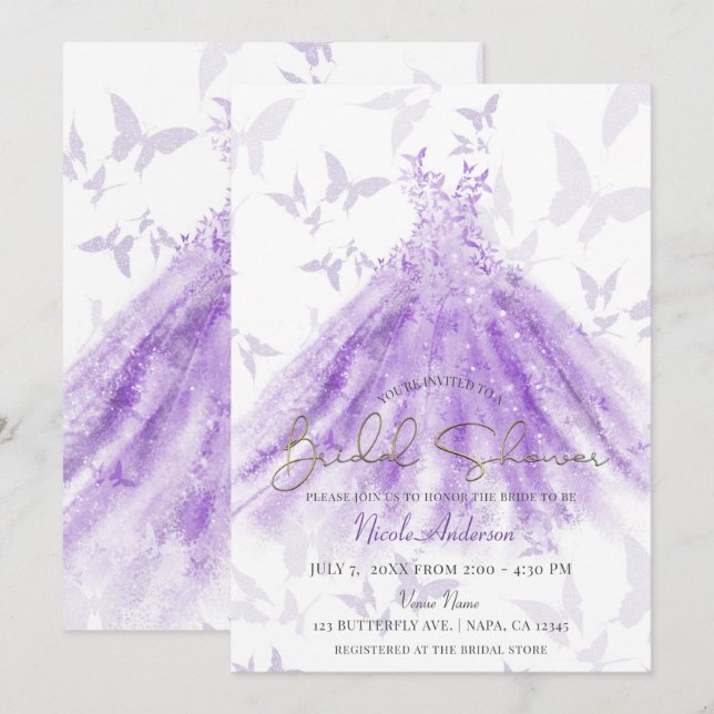 Butterfly Dance Purple Dress Bridal Shower Invitation (Front/Back)