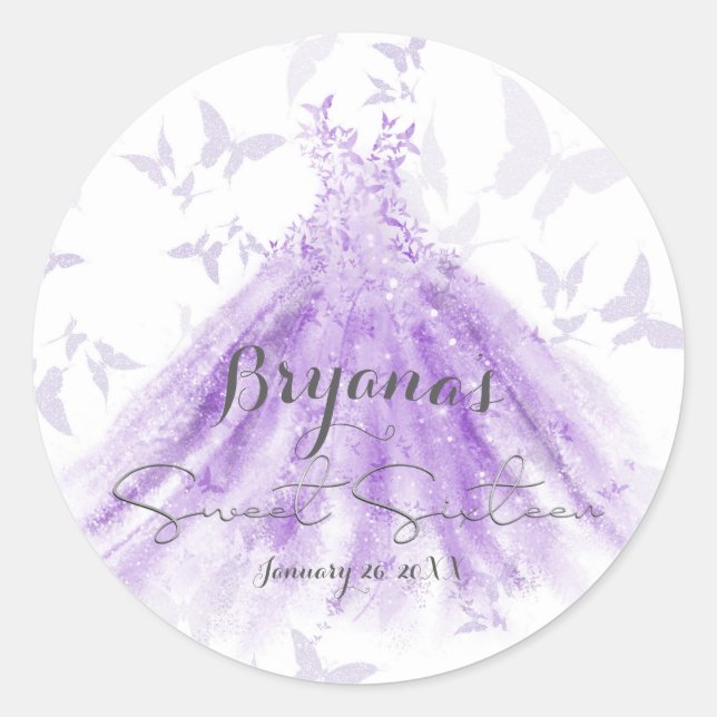 Butterfly Dance Purple Dress Sweet 16 Party  Classic Round Sticker (Front)