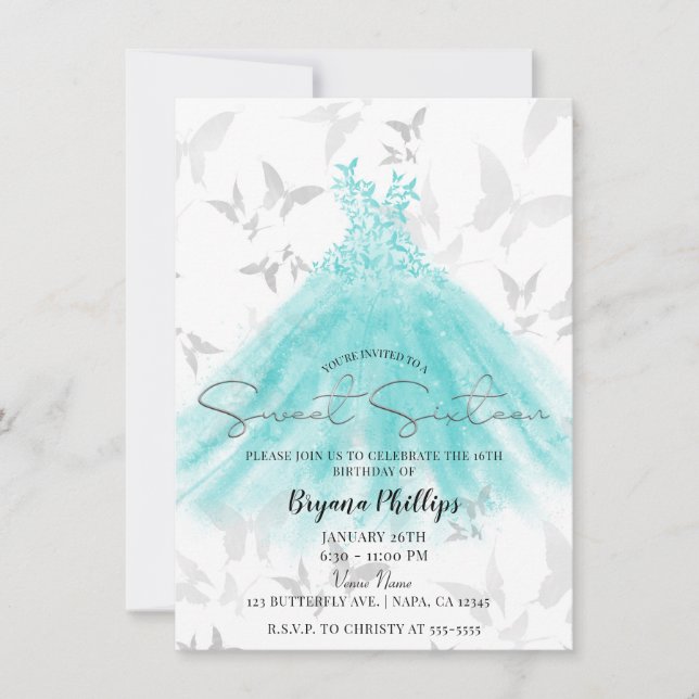 Butterfly Dance Turquoise Dress Sweet 16 Party Invitation (Front)