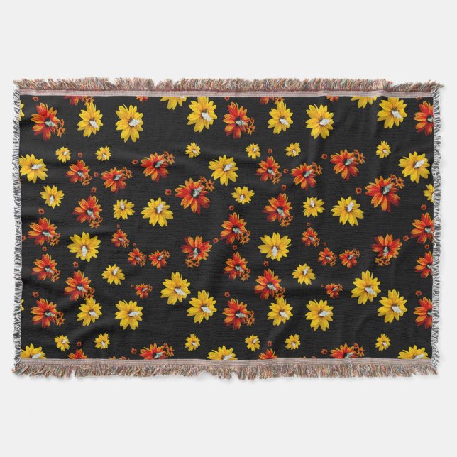 Butterfly Delicate Floral Seamless Pattern Black Throw Blanket (Front)