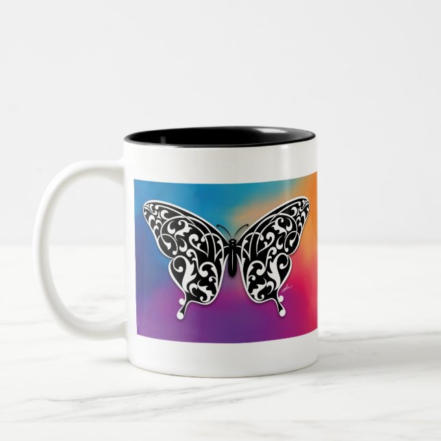 Butterfly Design with Sunset Colours Two-Tone Coffee Mug (Left)