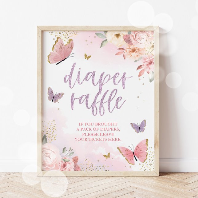 Butterfly Diaper Raffle Baby Shower Sign 11x14 (Diaper Raffle Butterfly Sign)