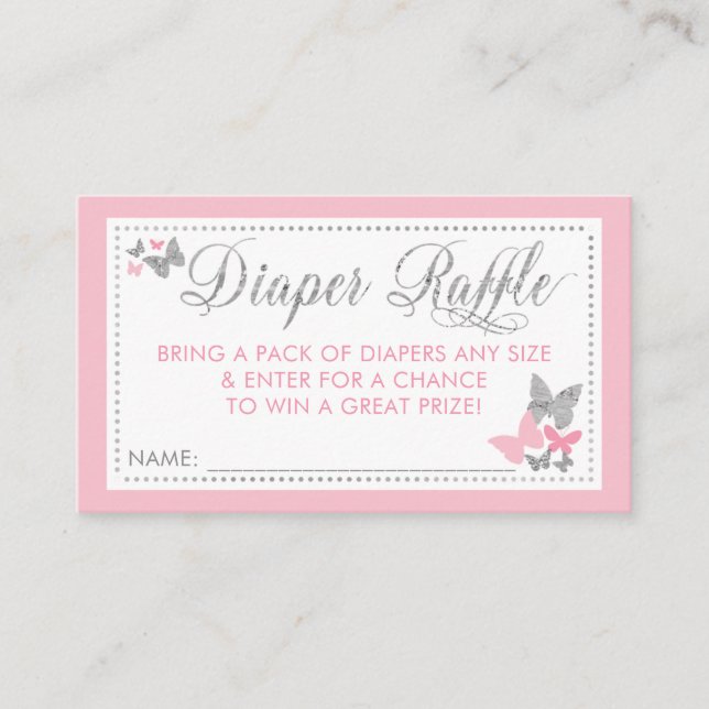 Butterfly Diaper Raffle Ticket, Pink, Silver Business Card (Front)