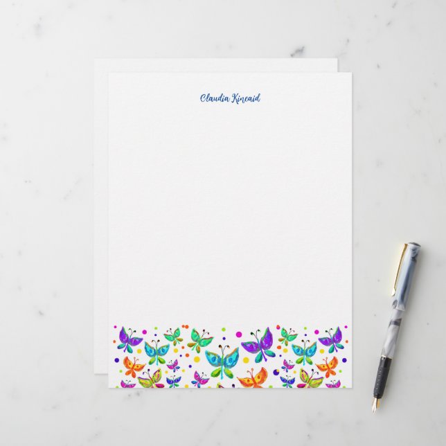 Butterfly Doodles Hand-Drawn Boho Nature Custom Letterhead (Front/Back In Situ)