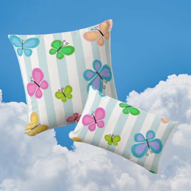 Butterfly Dreams Blue Stripe Cushion (Charming colorful folk art butterflies!)