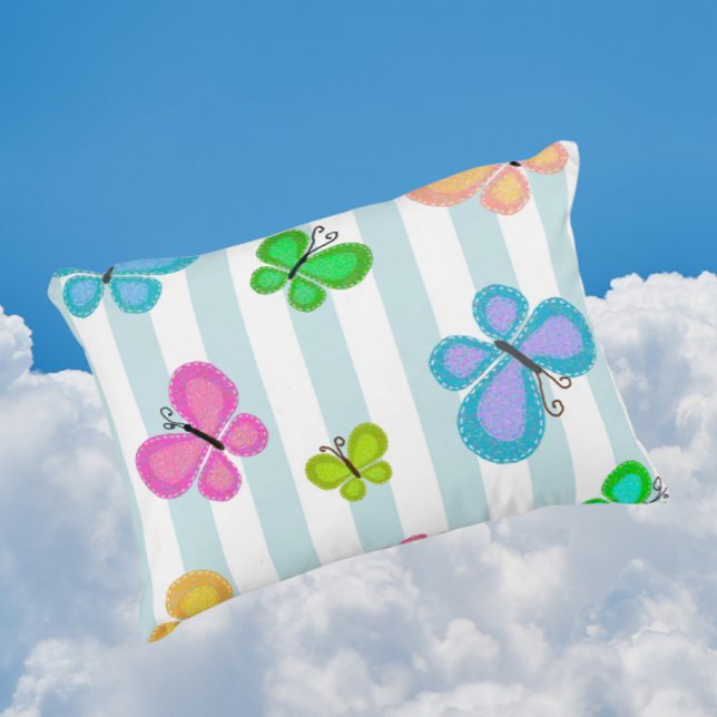 Butterfly Dreams Blue Stripe Decorative Cushion (Charming folk art butterflies!)