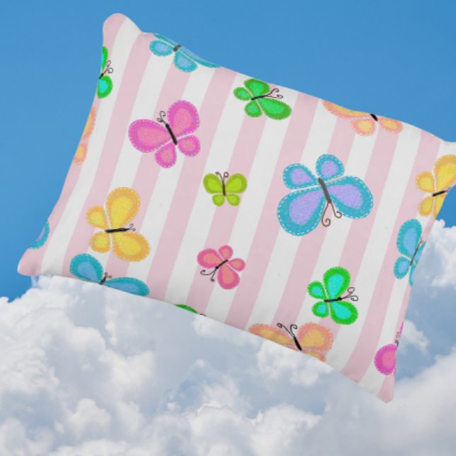 Butterfly Dreams Pink Stripe Decorative Cushion (Sweet candy pink stripes with colorful butterflies)