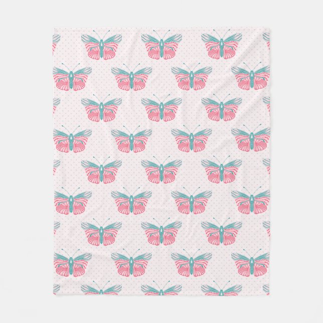 Butterfly Dreams Teal Pink girly Fleece Blanket (Front)