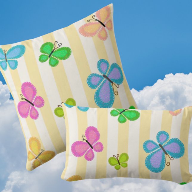 Butterfly Dreams Yellow White Stripe Cushion (Folk art butterflies on sunny yellow white stripe)