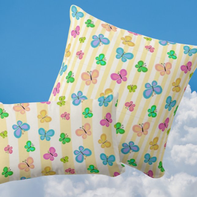 Butterfly Dreams Yellow White Stripe Cushion (Folk art butterflies on sunny yellow stripes)