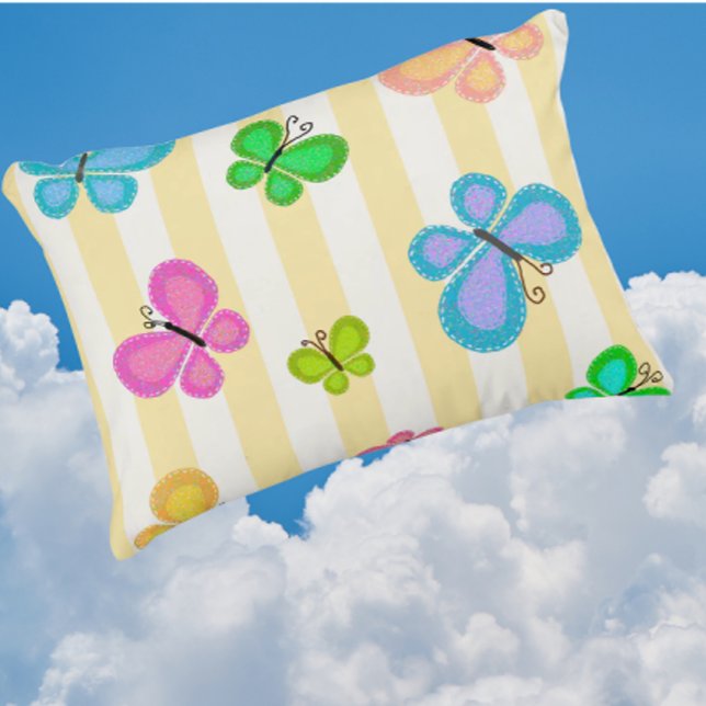 Butterfly Dreams Yellow White Stripe Decorative Cushion (Sunny yellow stripes and colorful butterflies)