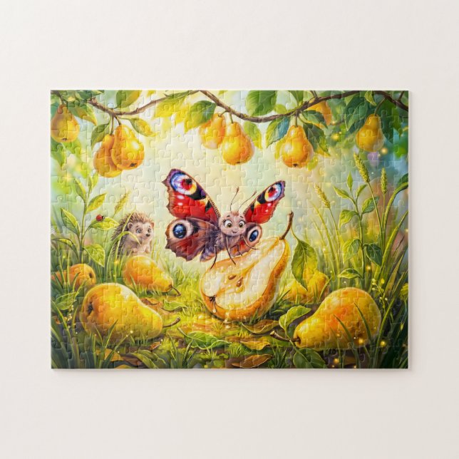 Butterfly Drinking Pear Juice While Hedgehog Watch Jigsaw Puzzle (Horizontal)