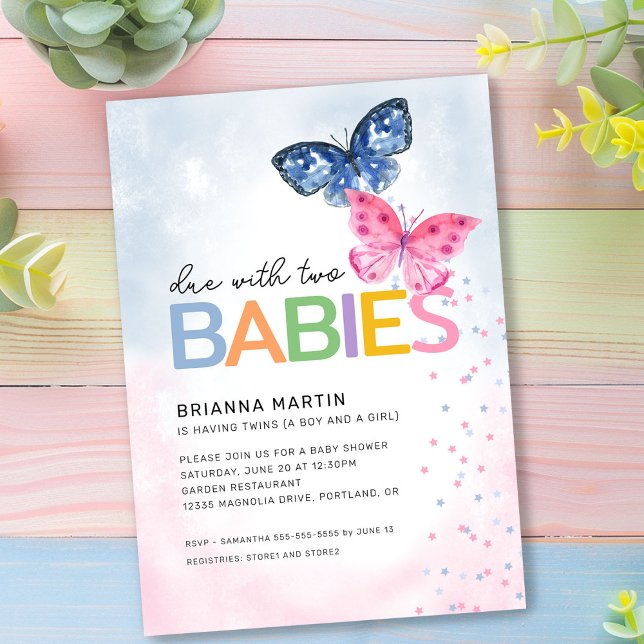 Butterfly Due with Two Boy Girl Twins Baby Shower Invitation (Creator Uploaded)