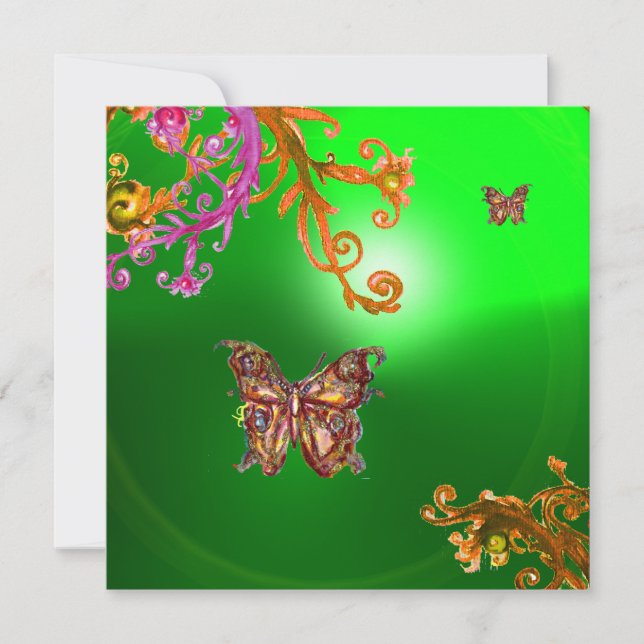BUTTERFLY EMERALD GREEN, bright pink yellow brown Invitation (Front)