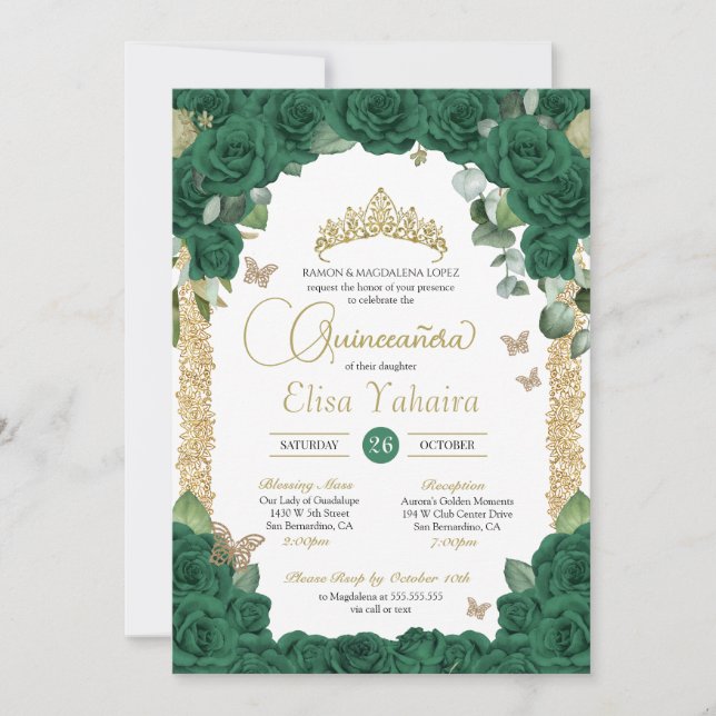 Butterfly Emerald Green Rose and Gold Quinceanera Invitation (Front)