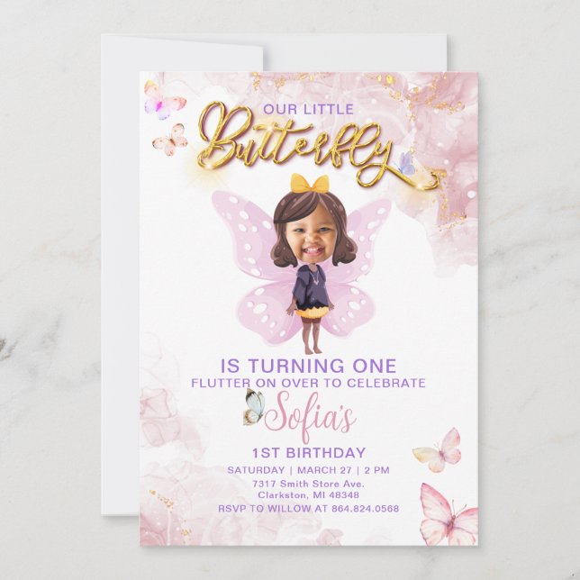 Butterfly First Birthday Girl 1st Invitation (Front)