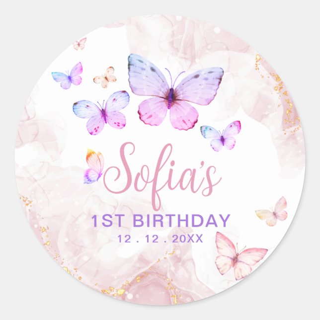 Butterfly First Birthday Girl 1st Pink Purple Classic Round Sticker (Front)