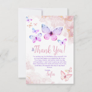Butterfly First Birthday Girl 1st Thank You Card