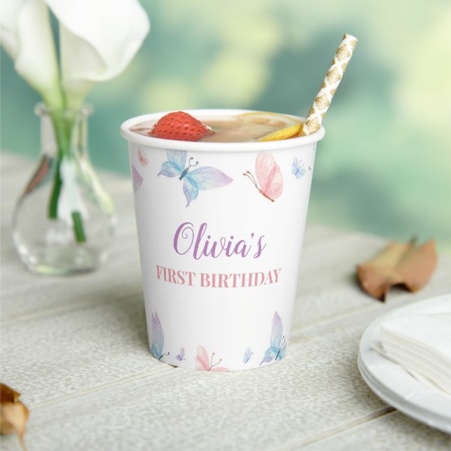 Butterfly First Birthday Girl Whimsical Paper Cups (Insitu)