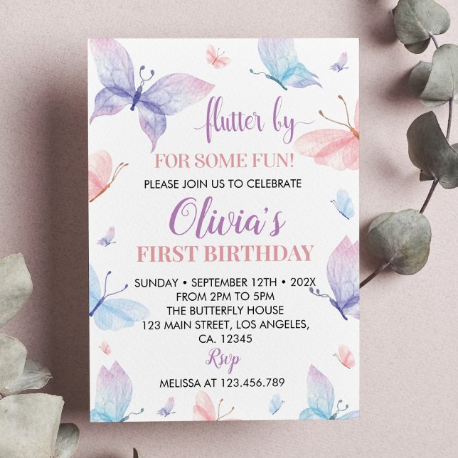 Butterfly First Birthday Invitation Girl Whimsical (Creator Uploaded)