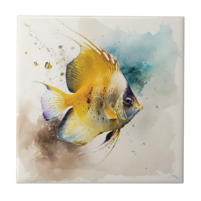 Butterfly Fish, Watercolor, Ceramic Tile (Front)