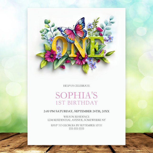 Butterfly Floral 1st Birthday Party Invitation (Creator Uploaded)