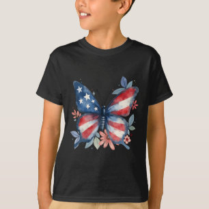 Butterfly Floral American Flag Usa 4th Of July Gir T-Shirt