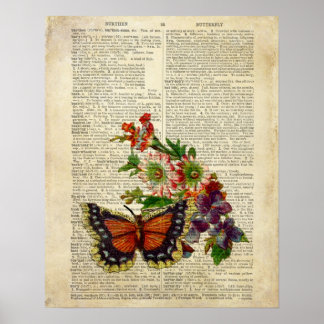 Butterfly floral art on vintage dictionary page poster