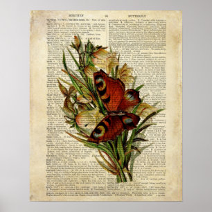 Butterfly floral art on vintage dictionary page poster