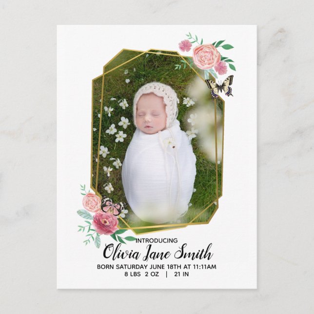 Butterfly Floral Baby Birth Announcement Postcard (Front)