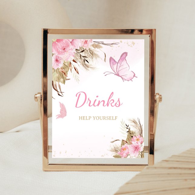 Butterfly Floral Baby Shower Drinks Sign (Pink Butterfly Baby Shower Drinks Sign)