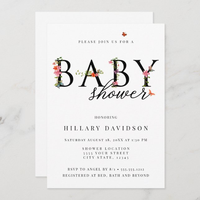 Butterfly Floral, Baby Shower Invitation (Front/Back)