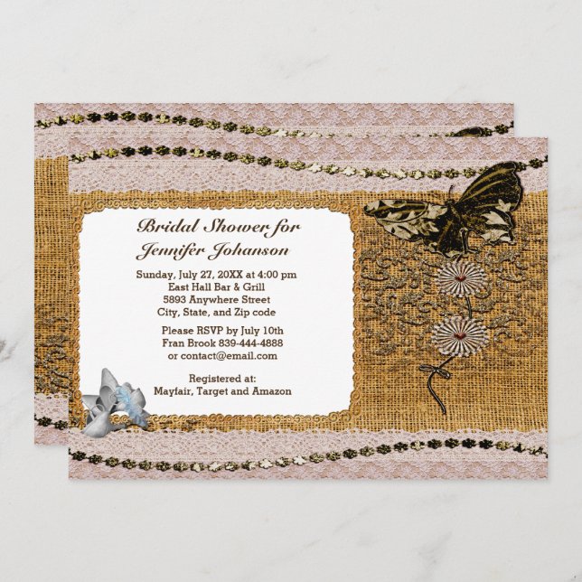 Butterfly Floral Beads Lace & Burlap Bridal Shower Invitation (Front/Back)