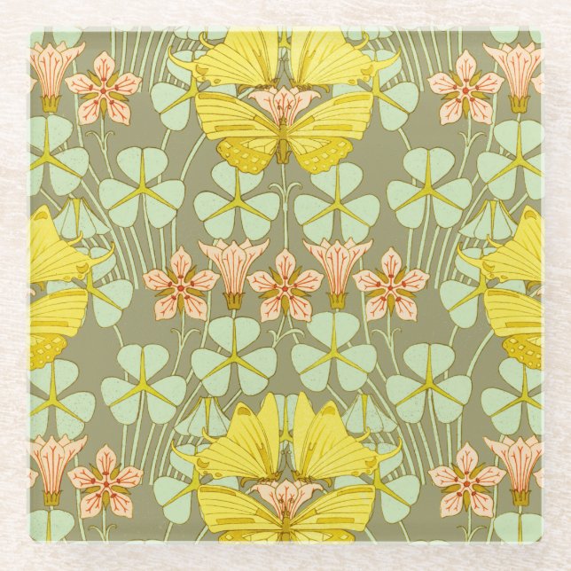 Butterfly Floral Botanical Colourful Glass Coaster (Front)