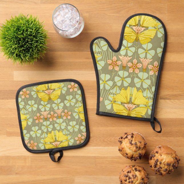 Butterfly Floral Botanical Colourful Oven Mitt & Pot Holder Set (Top Down)