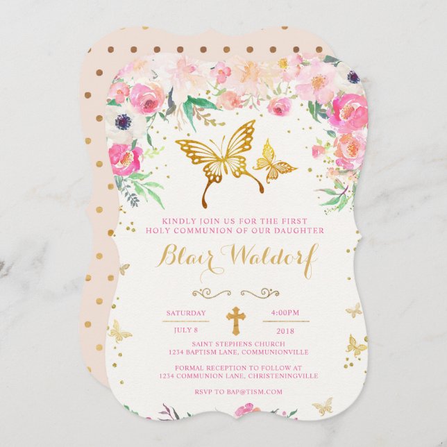 Butterfly Floral First Holy Communion Invitation (Front/Back)