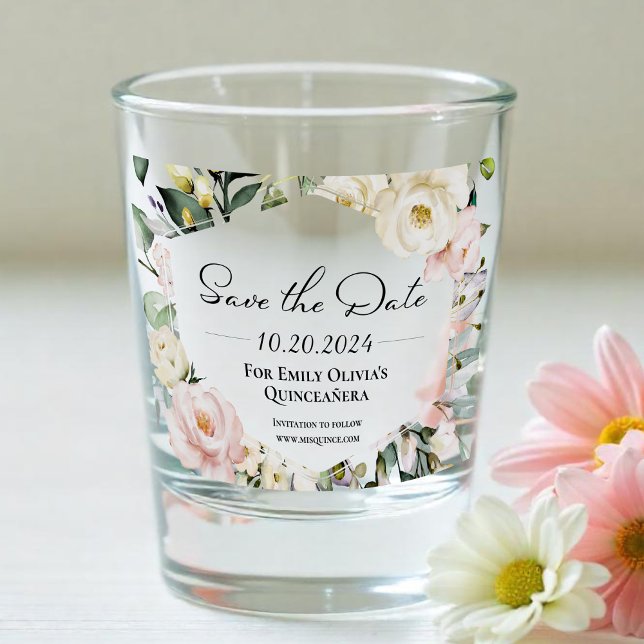 Butterfly Floral Frame Quinceanera Save The Date Shot Glass (Creator Uploaded)