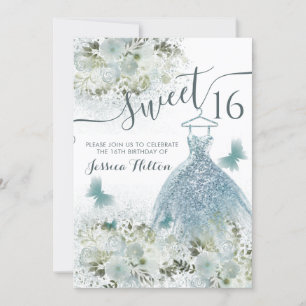 Butterfly floral garden blue dress sweet sixteen invitation