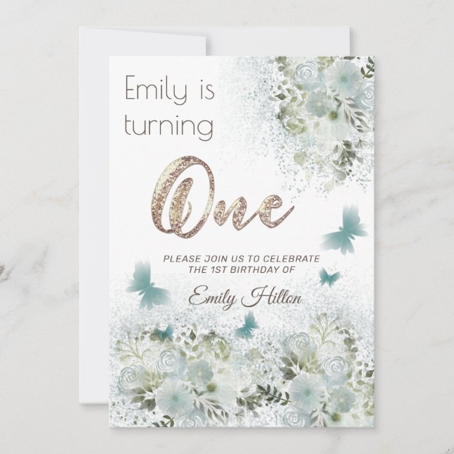 Butterfly floral garden first birthday invitation (Front)